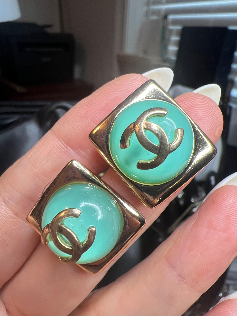 Gold-Tone Square Earrings with Mint Green Enamel